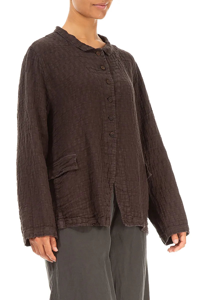 Buttoned Forest Brown Textured Linen Jacket
