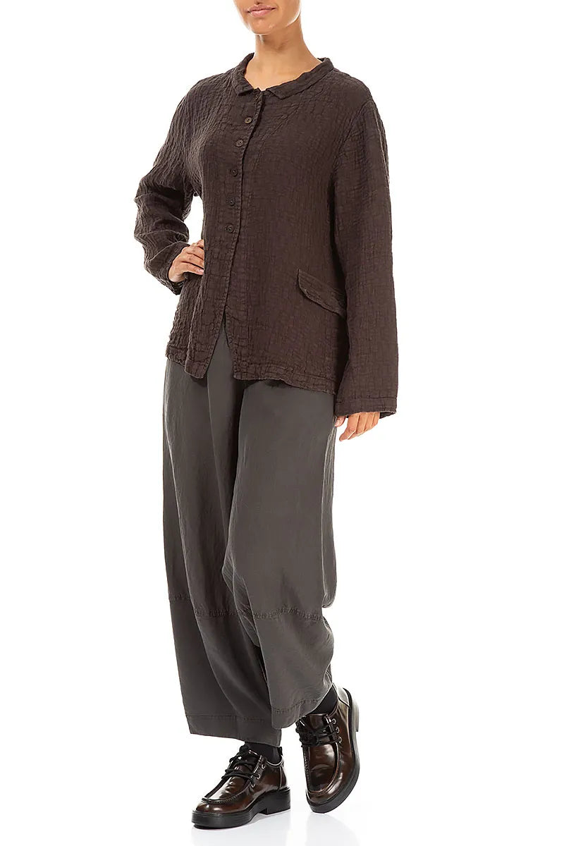 Buttoned Forest Brown Textured Linen Jacket