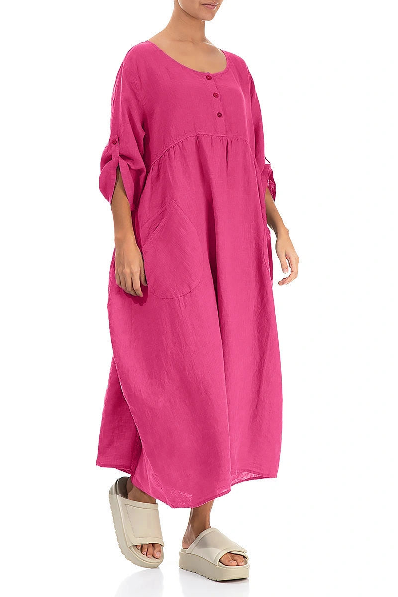 Buttoned Fuchsia Linen Dress