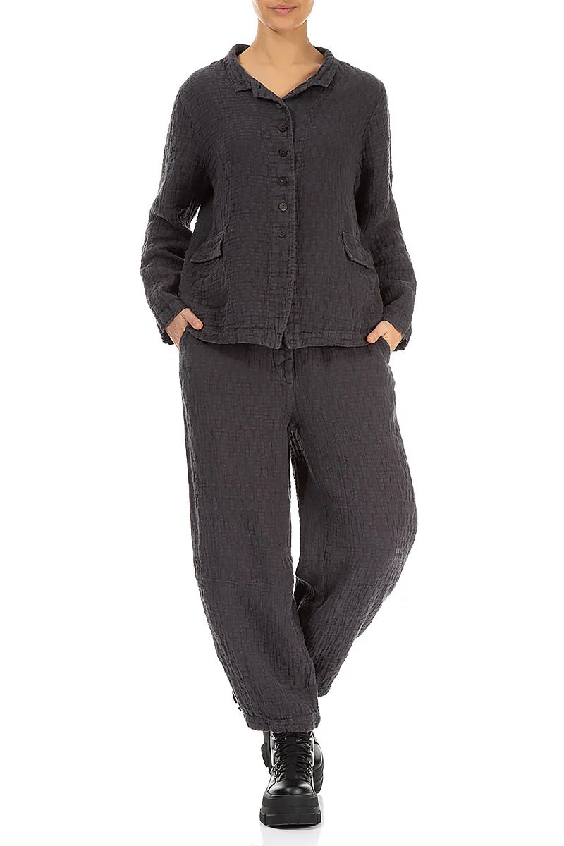 Buttoned Graphite Textured Linen Jacket 4