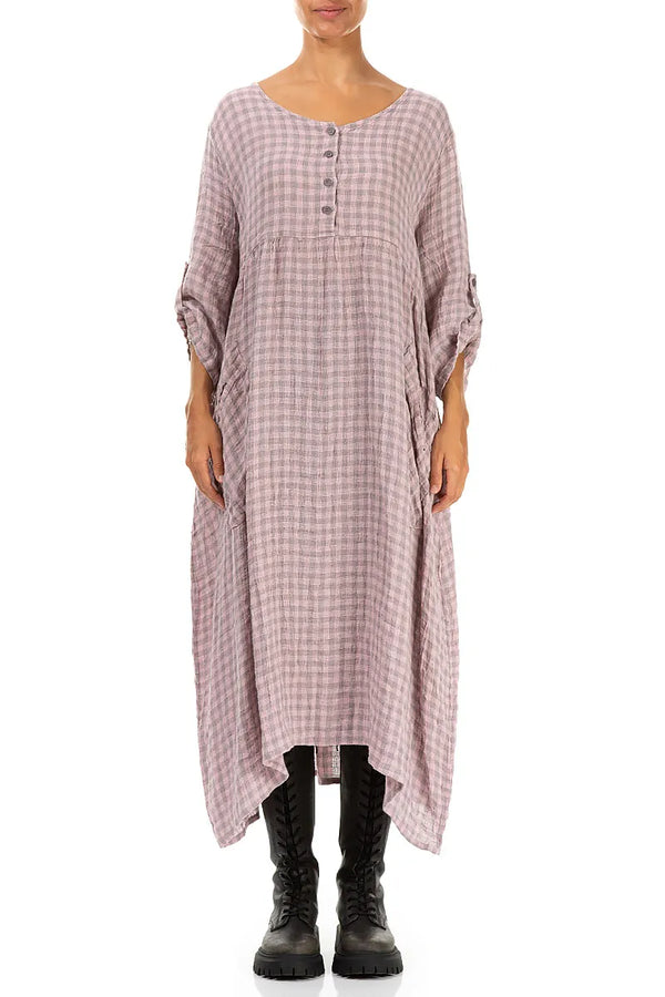 Rosa Leinenkleid mit Karomuster und Knopfleiste