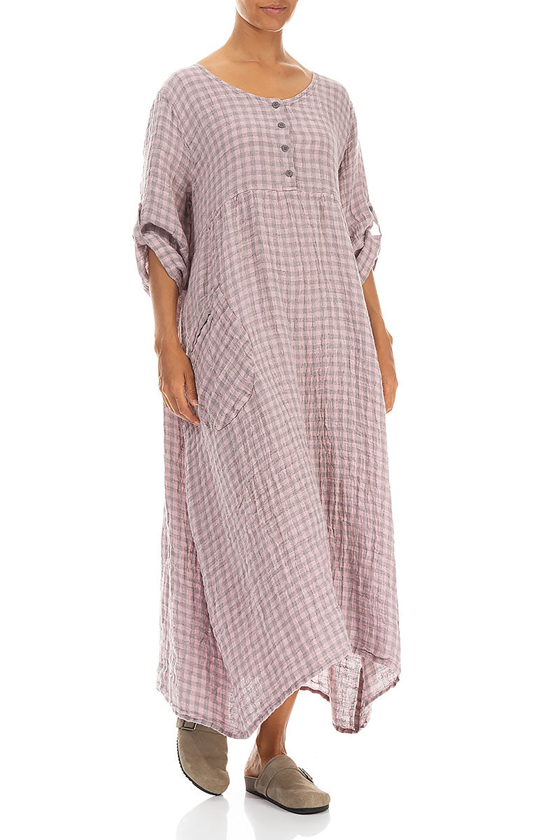 Buttoned Pink Check Linen Dress 3