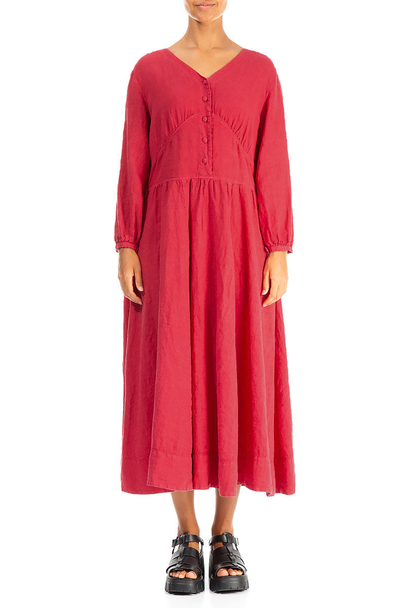 Buttoned V-Neck Raspberry Linen Dress 2