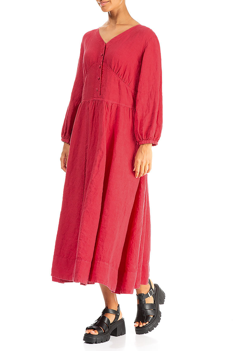 Buttoned V-Neck Raspberry Linen Dress 4