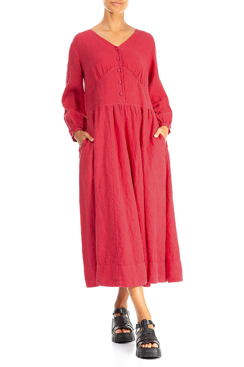 Buttoned V-Neck Raspberry Linen Dress 5