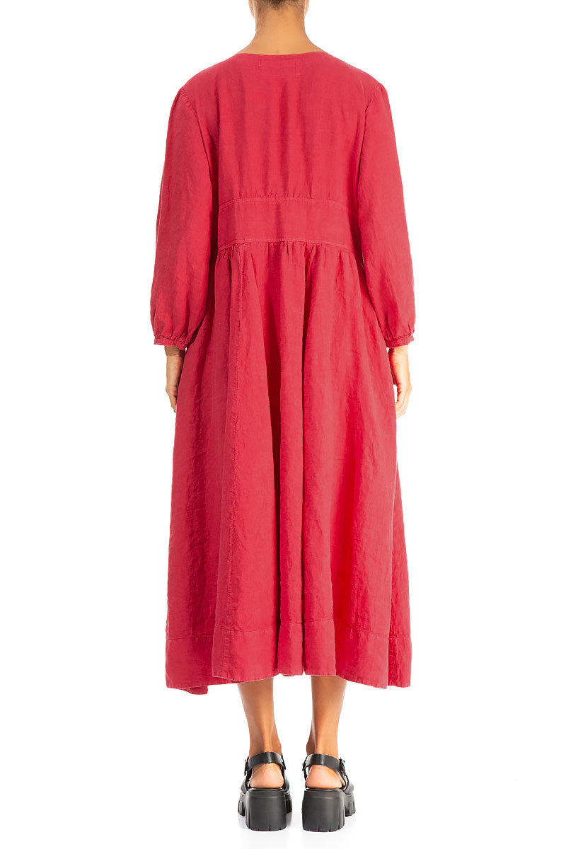 Buttoned V-Neck Raspberry Linen Dress 3