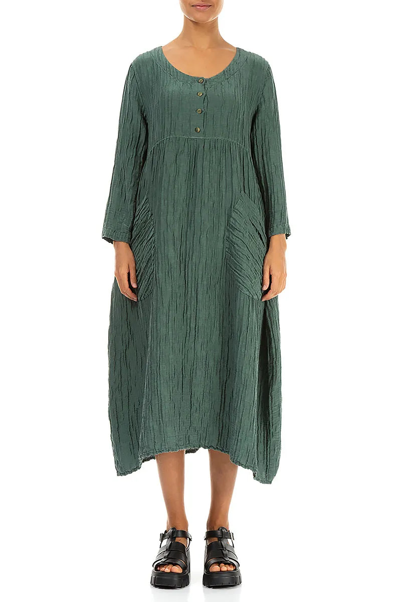Buttoned Sage Crinkled Silk Linen Dress 2