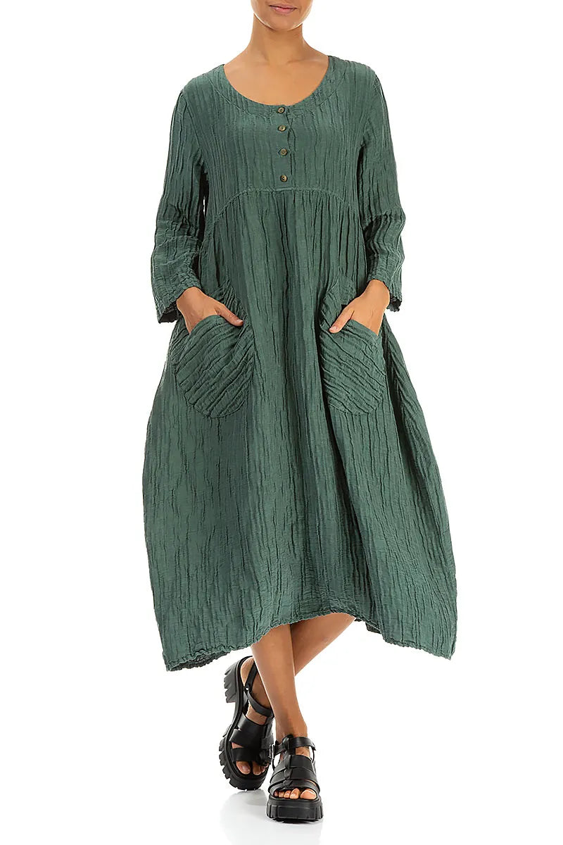 Buttoned Sage Crinkled Silk Linen Dress 5