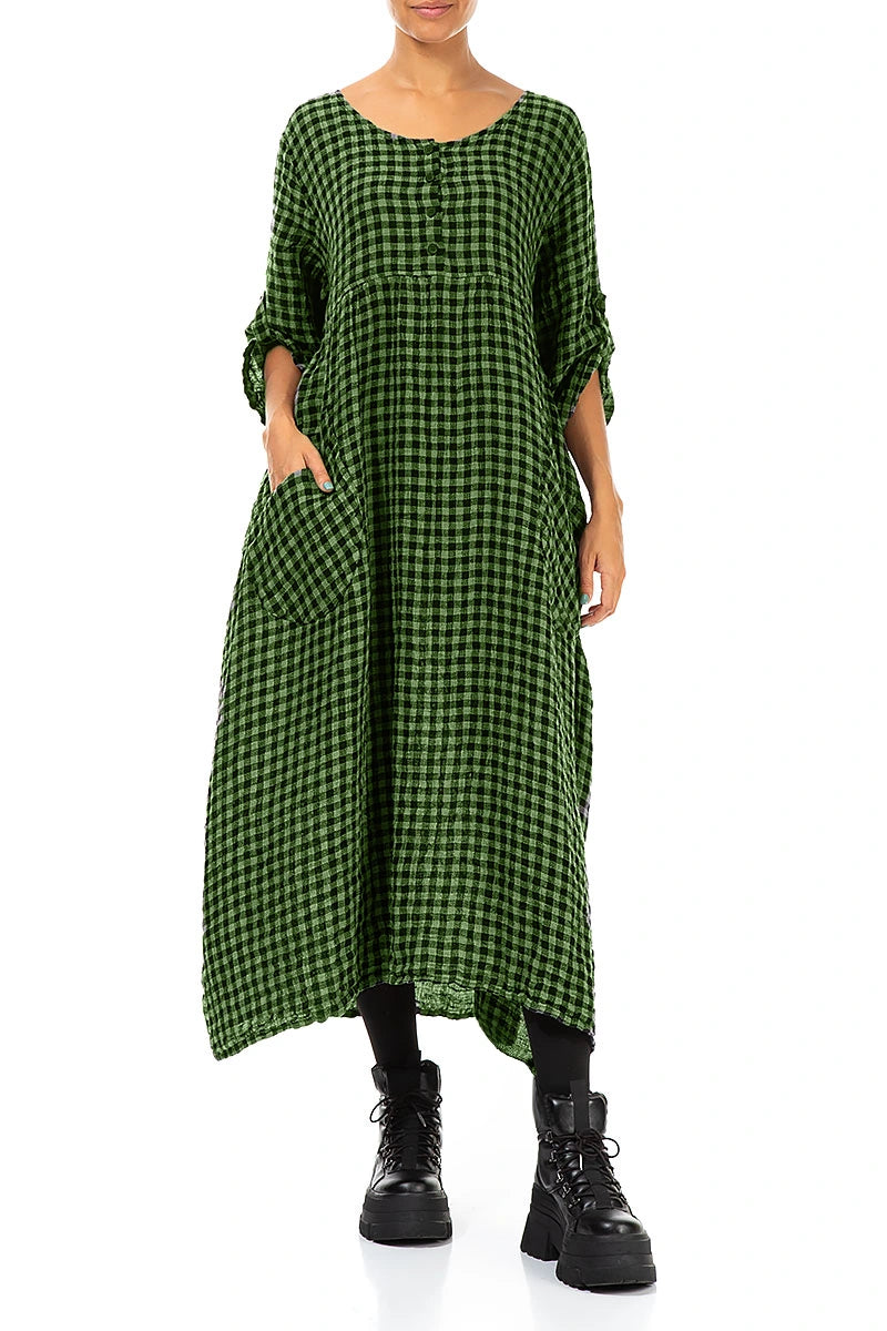 Buttoned Shamrock Green Check Linen Dress