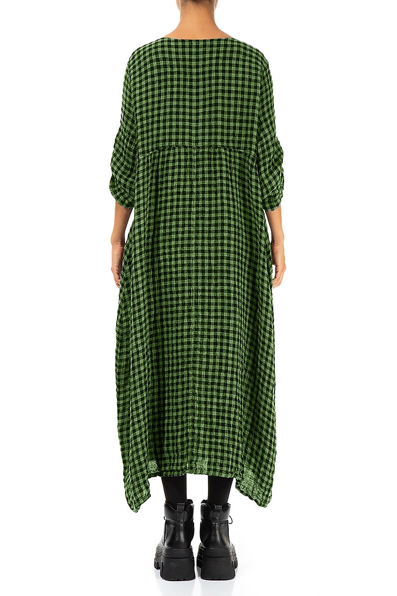 Buttoned Shamrock Green Check Linen Dress