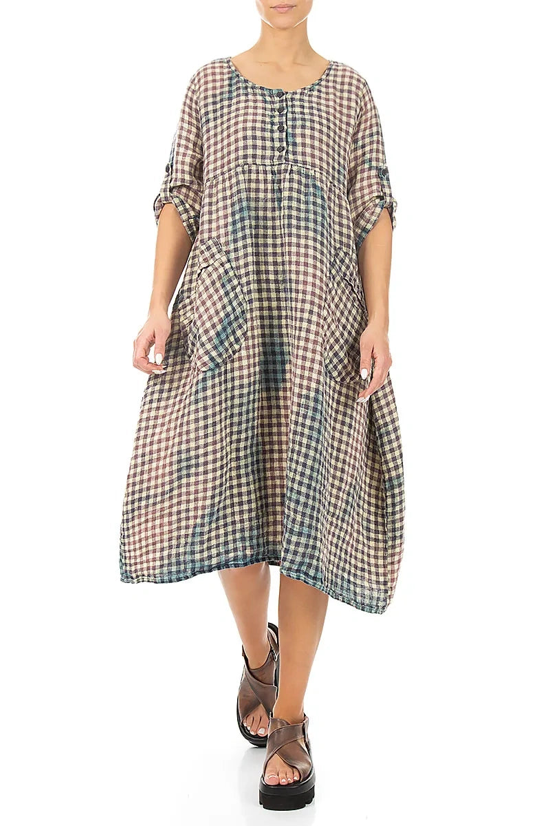 Buttoned Watercolour Check Linen Dress 5