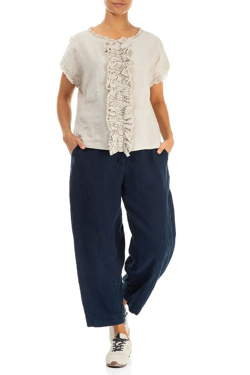 Front Ruffle Natural Linen Blouse