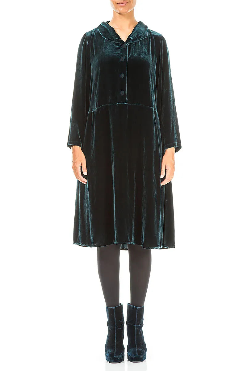 Robe en velours de soie à col montant et motif paon