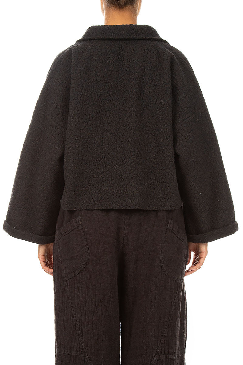 Collar Neck Short Charcoal Plush Wool Coat