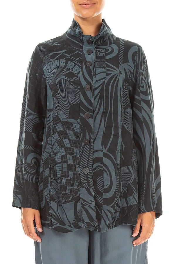 Collar Textured Slate Orbit Silk Linen Jacket