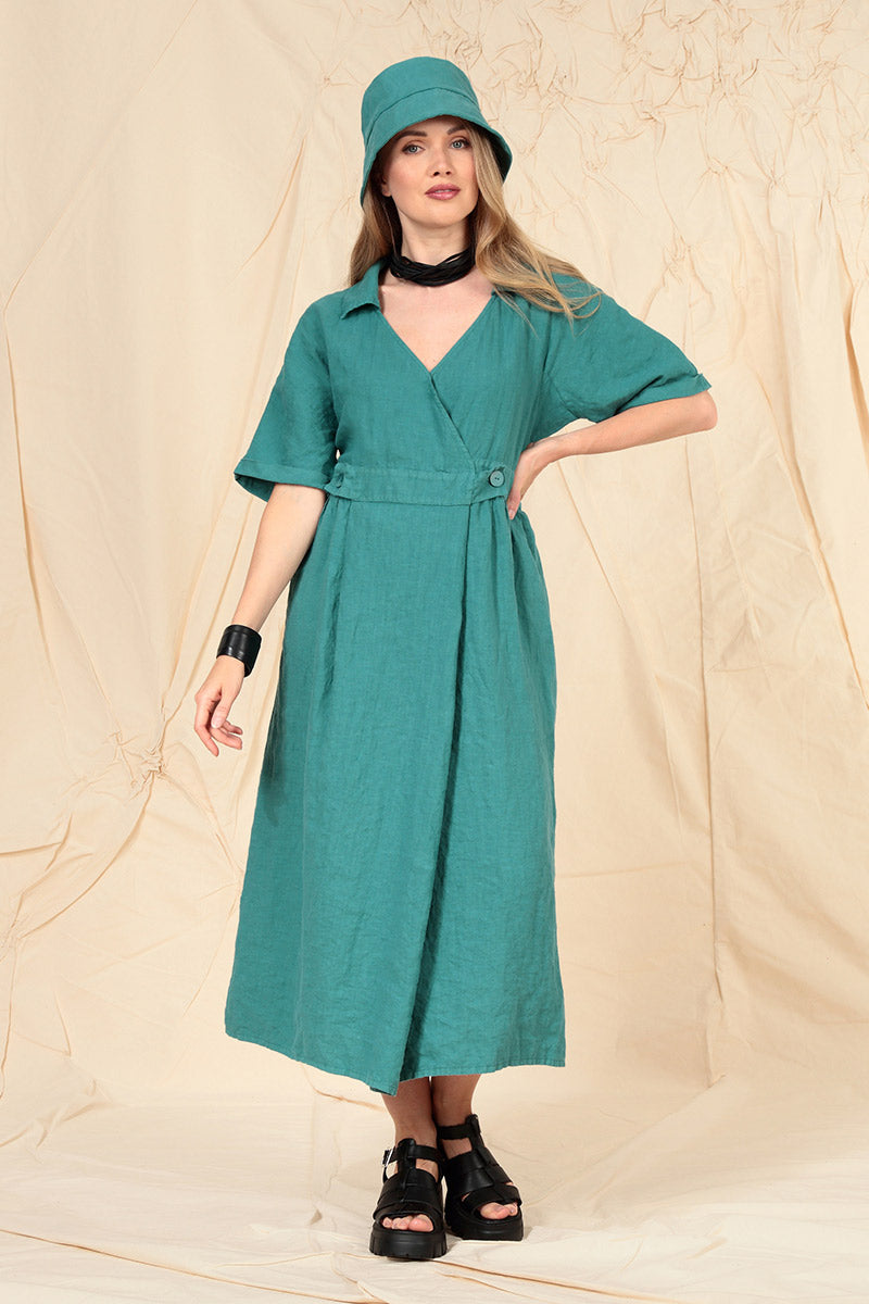 Collar V-Neck Turquoise Linen Dress 6