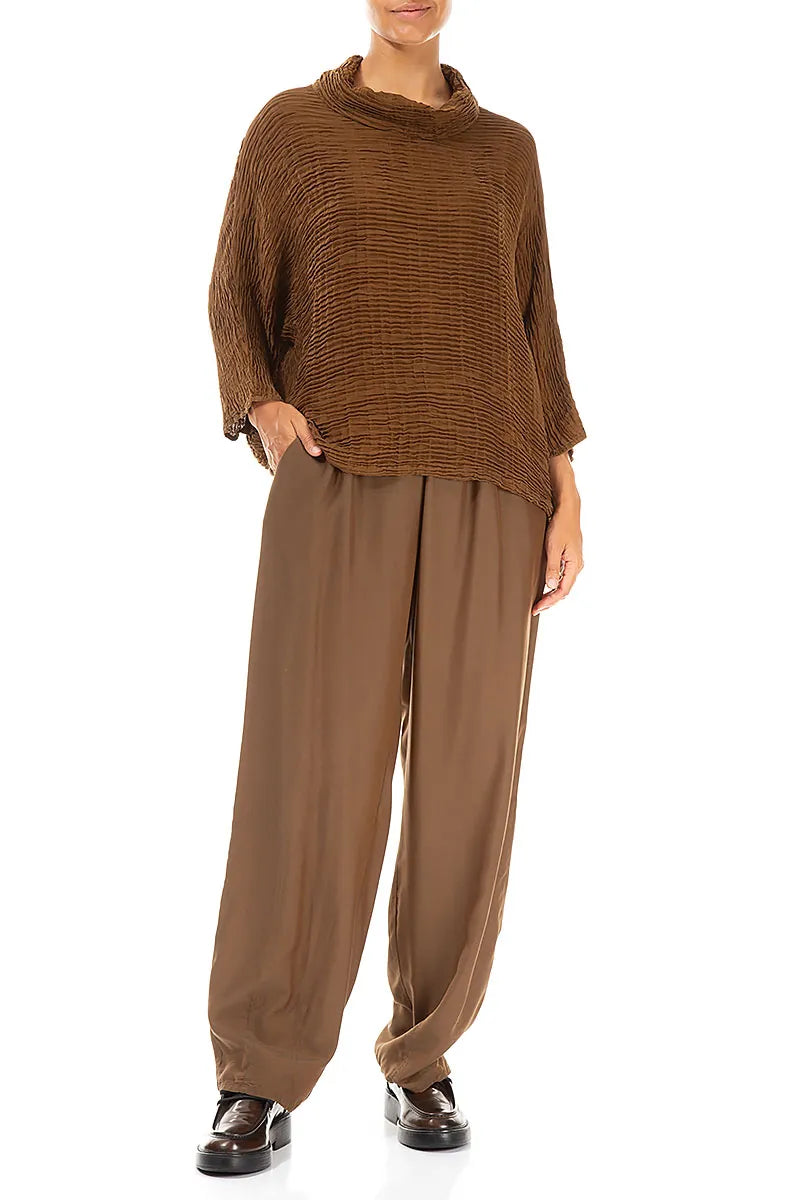 Cowl Neck Aged Copper Plissé Silk Blouse 4