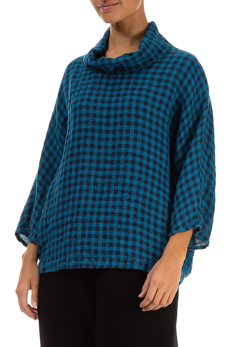 Cowl Neck Blue Check Linen Blouse 3