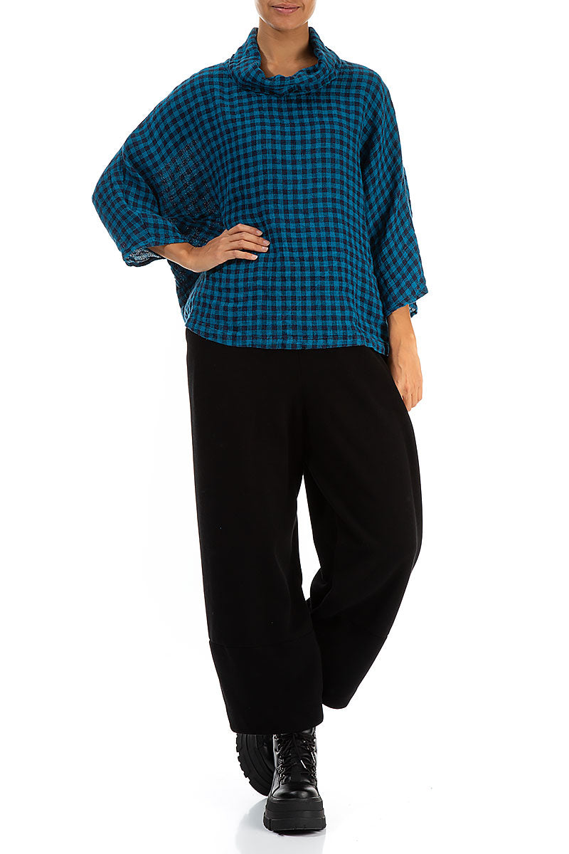 Cowl Neck Blue Check Linen Blouse 4