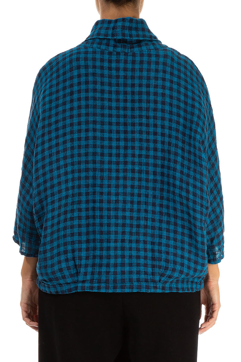 Cowl Neck Blue Check Linen Blouse 2