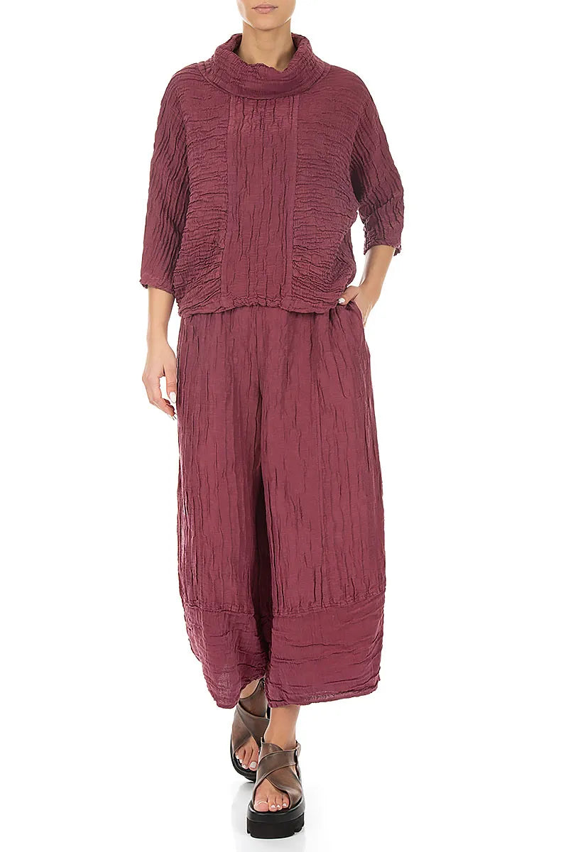 Cowl Neck Crinkled Antique Ruby Silk Linen Blouse