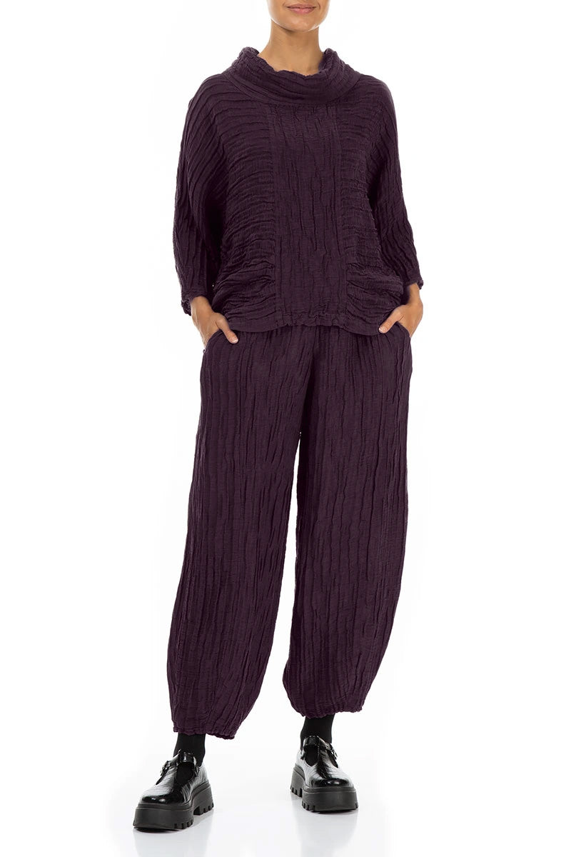 Cowl Neck Crinkled Deep Plum Silk Linen Blouse 5