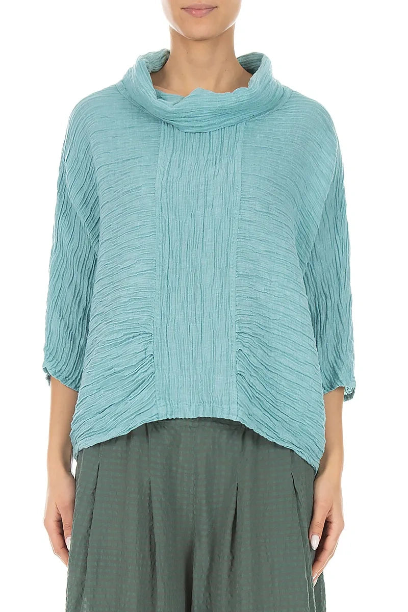 Cowl Neck Crinkled Mint Silk Blouse
