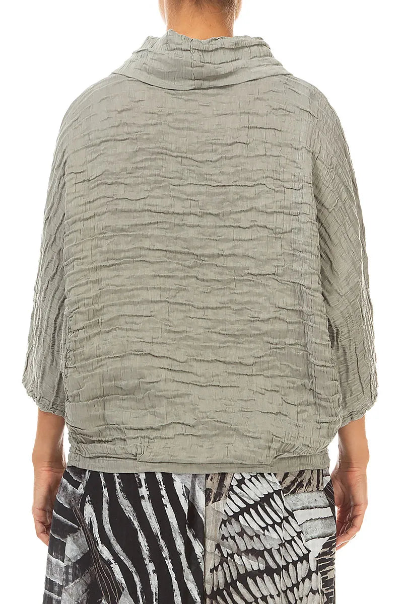 Cowl Neck Crinkled Olive Grey Silk Linen Blouse 2