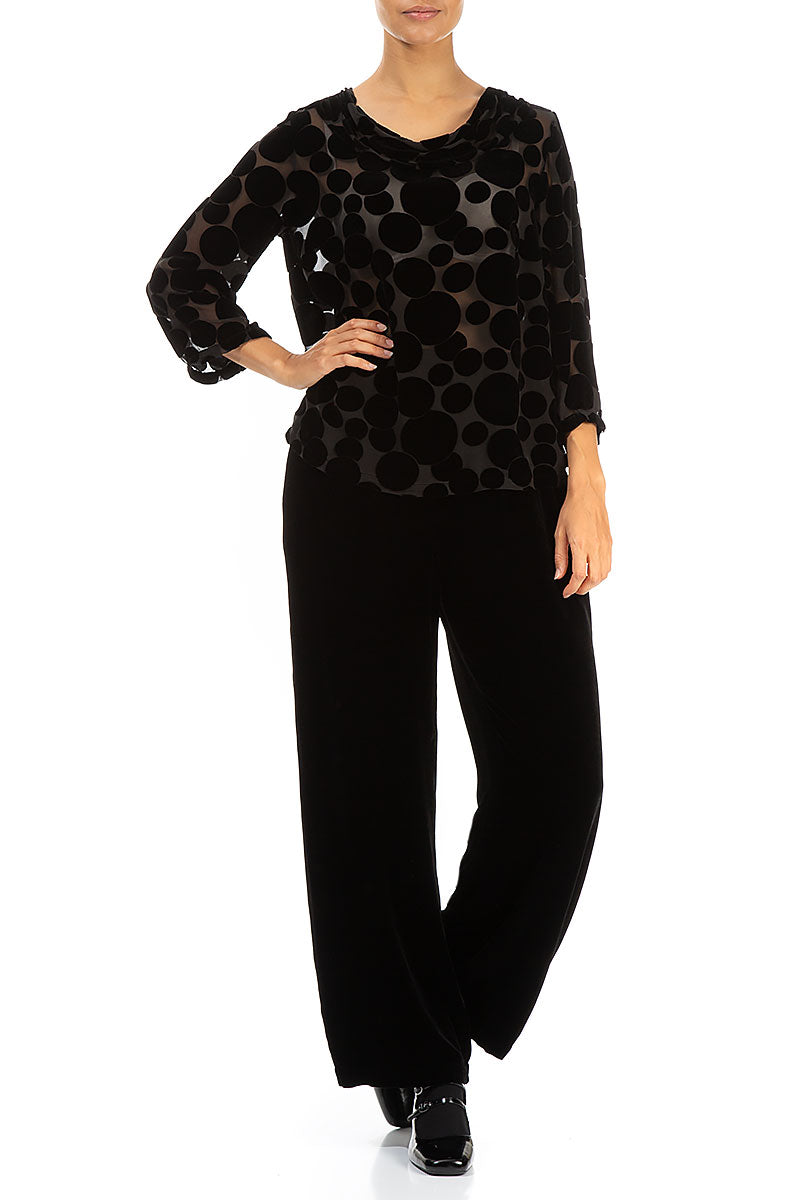 Cowl Neck Devoré Bubbles Black Silk Velvet Blouse 4