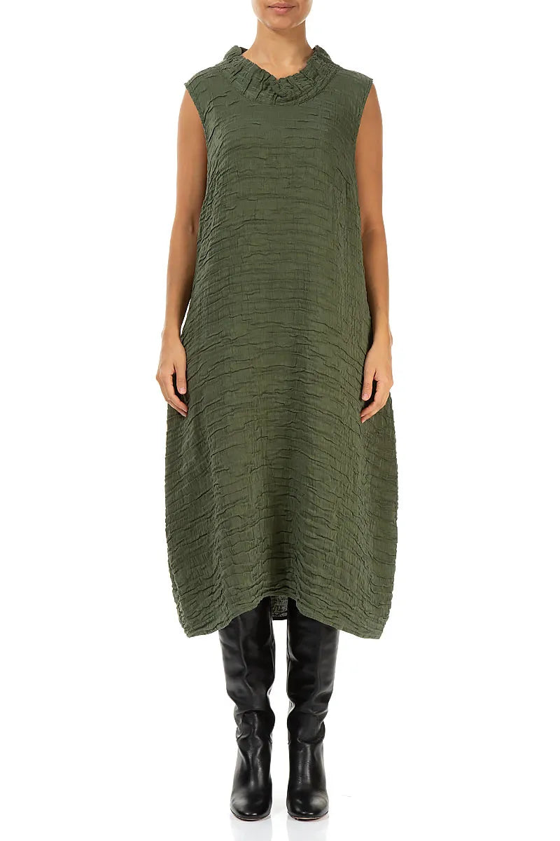 Cowl Neck Forest Mist Crinkled Silk Linen Dress 1