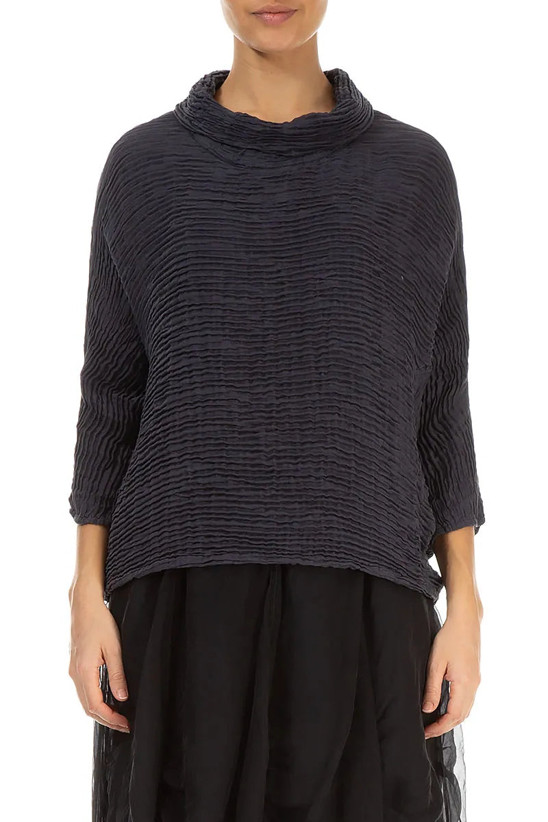 Cowl Neck Graphite Blue Plissé Silk Blouse 1