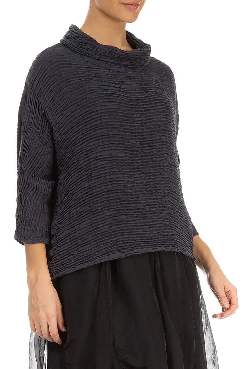 Cowl Neck Graphite Blue Plissé Silk Blouse 3