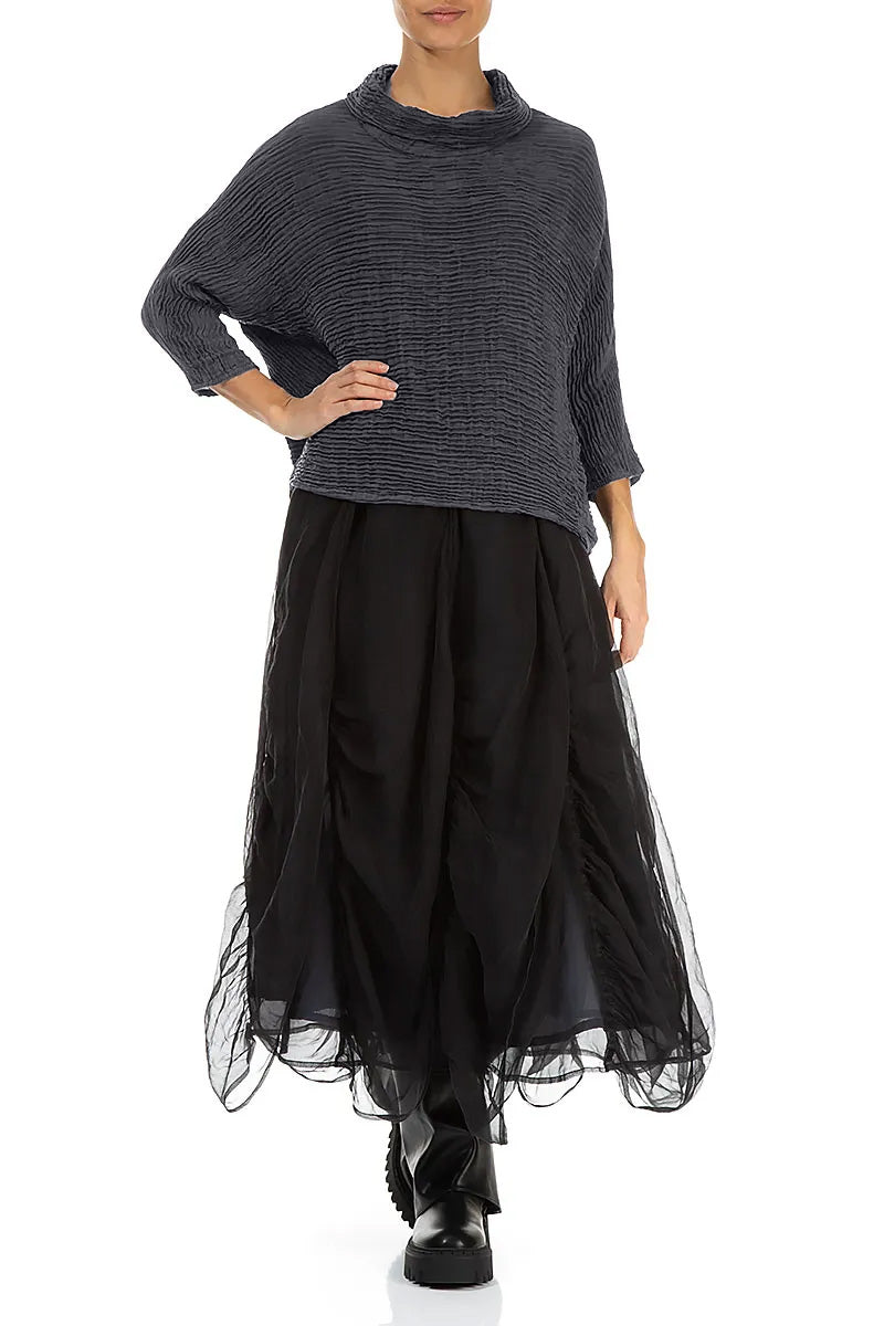 Cowl Neck Graphite Blue Plissé Silk Blouse 4