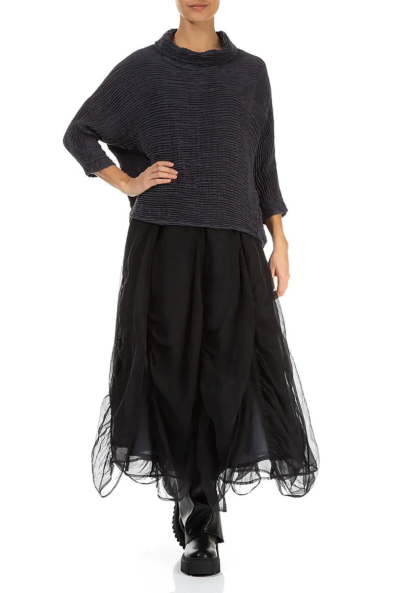 Cowl Neck Graphite Blue Plissé Silk Blouse 4