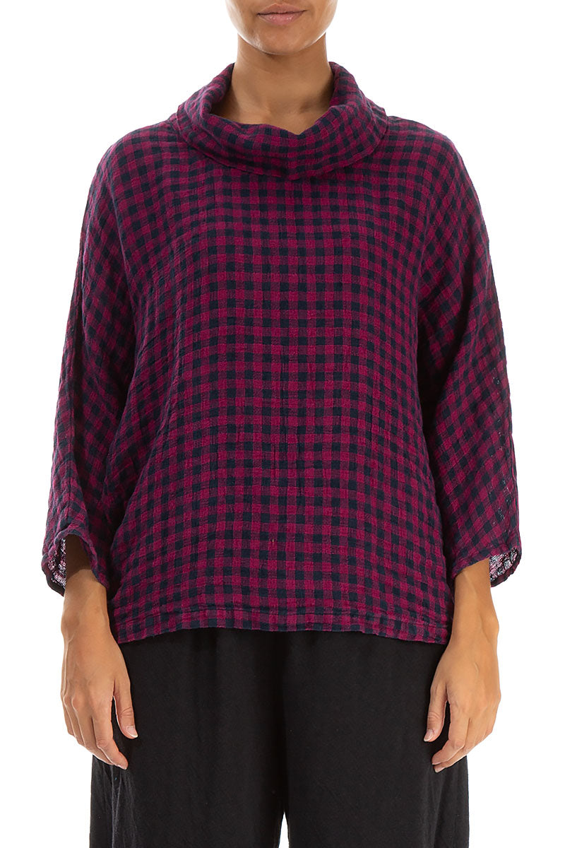 Cowl Neck Magenta Check Linen Blouse 1