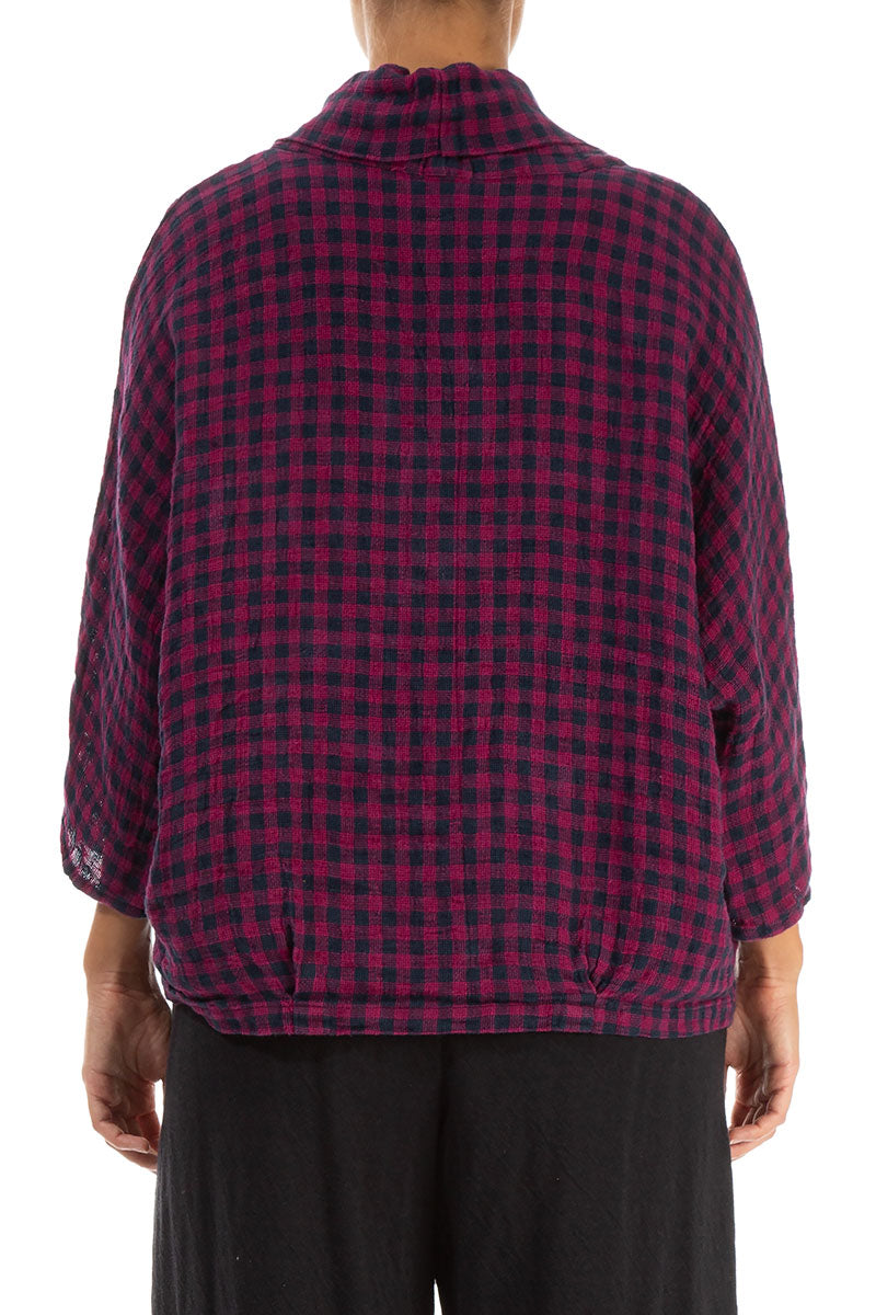 Cowl Neck Magenta Check Linen Blouse 2