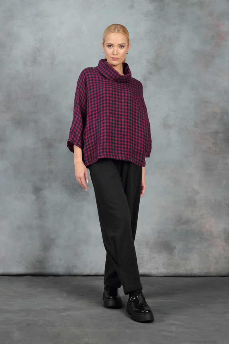 Cowl Neck Magenta Check Linen Blouse 6