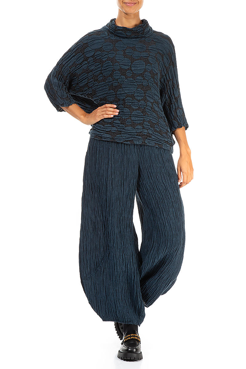 Cowl Neck Midnight Blue Circle Silk Linen Blouse 4