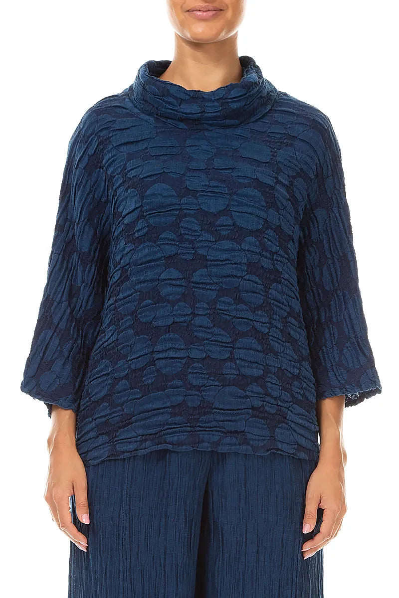 Cowl Neck Royal Blue Circle Silk Linen Blouse