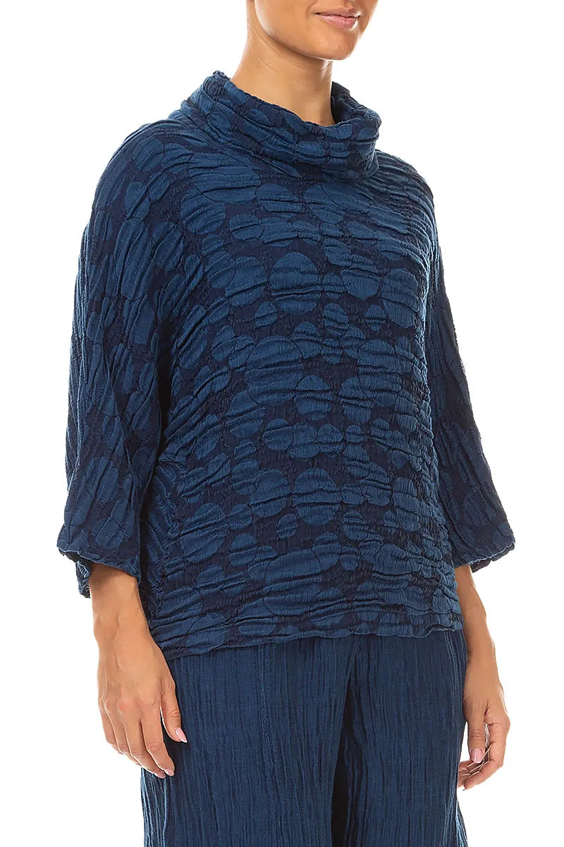 Cowl Neck Royal Blue Circle Silk Linen Blouse