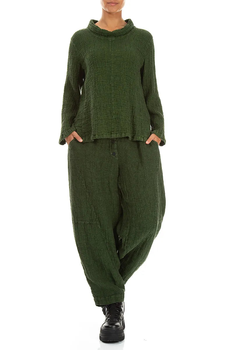 Cowl Neck Shamrock Green Textured Linen Blouse 4
