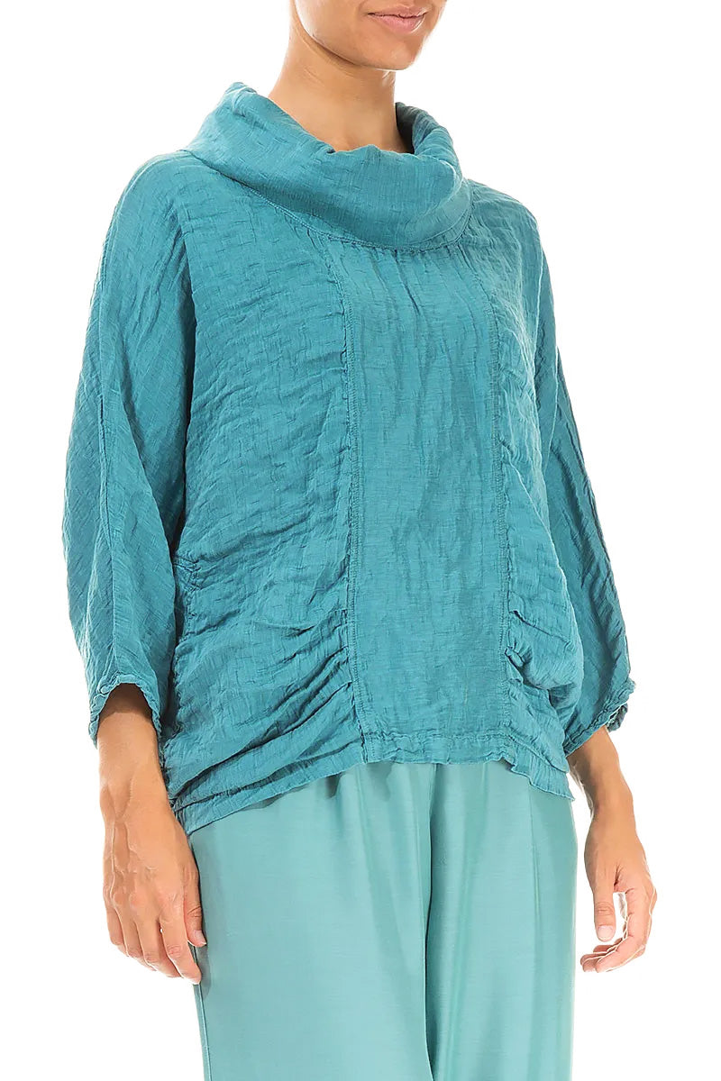 Cowl Neck Textured Turquoise Silk Linen Blouse 3