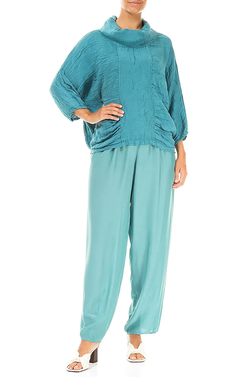 Cowl Neck Textured Turquoise Silk Linen Blouse 4