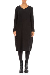 Subtle Balloon Crinkled Black Silk Midi Dress 1