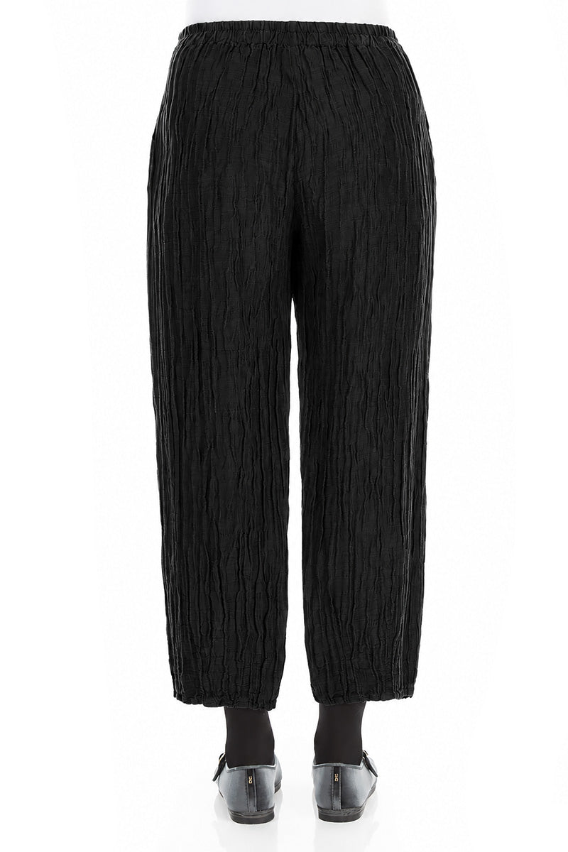 Cropped Crinkled Black Silk Linen Trousers