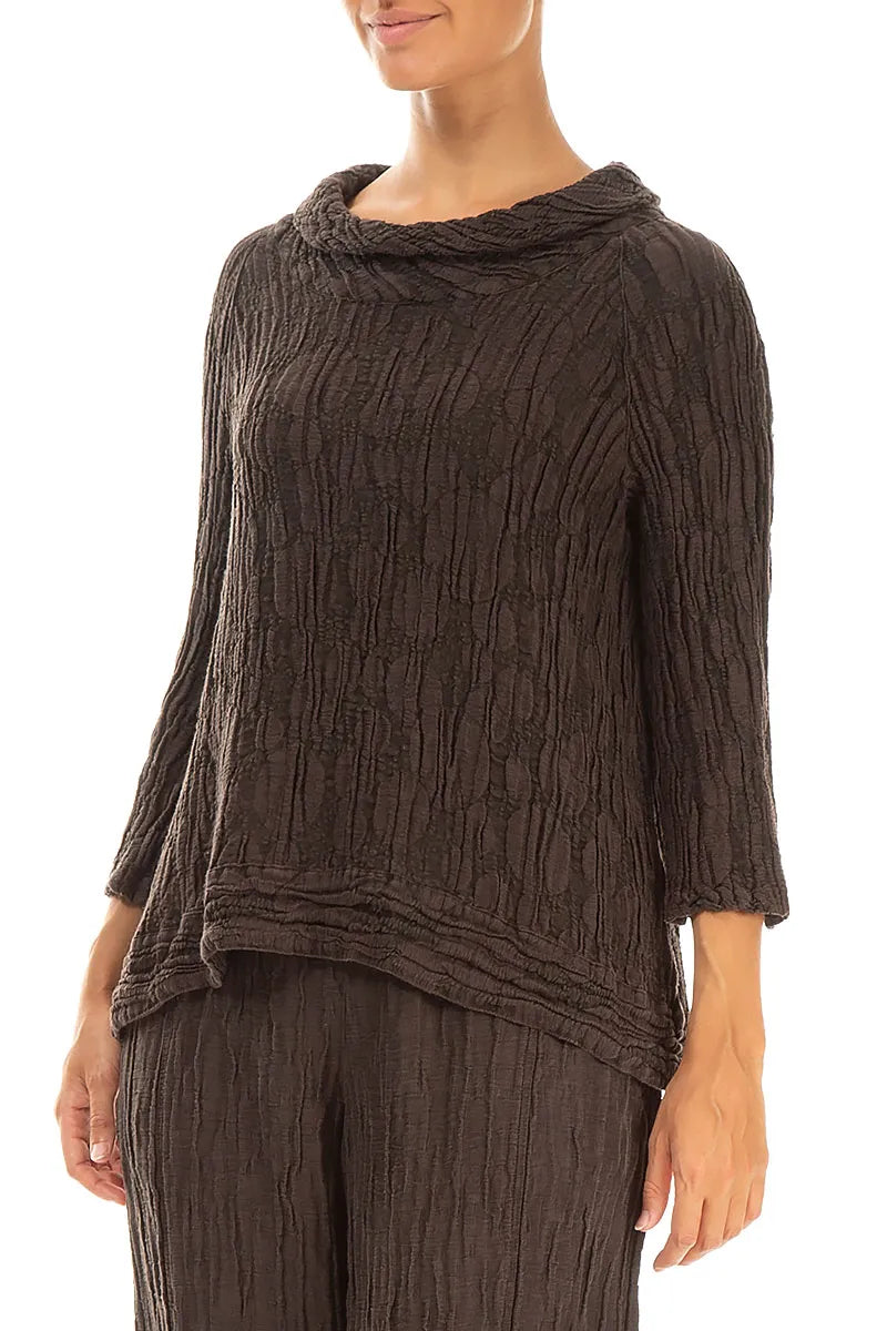 Cropped Sleeves Forest Brown Circle Silk Linen Blouse 3