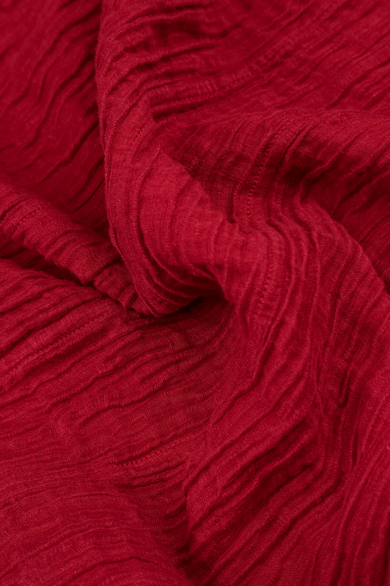 Cropped Sleeves Sweetheart Neck Crinkled Cherry Red Silk Blouse 5