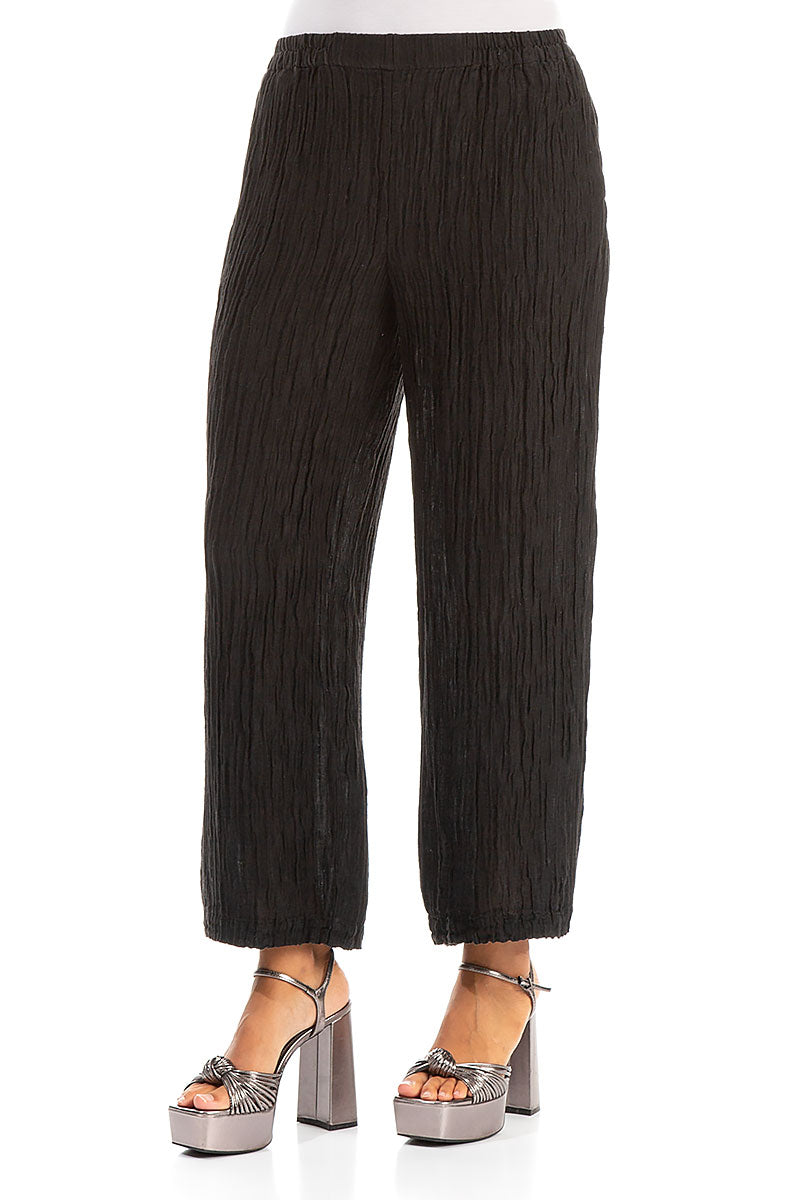 Cropped Straight Crinkled Black Silk Trousers 3