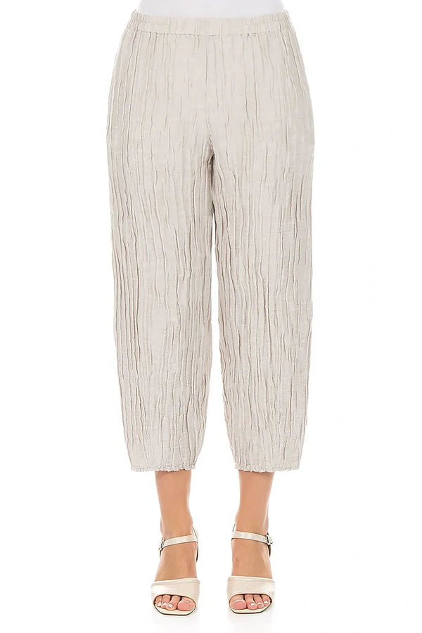 Cropped Taper Crinkled Beige Silk Linen Trousers 1