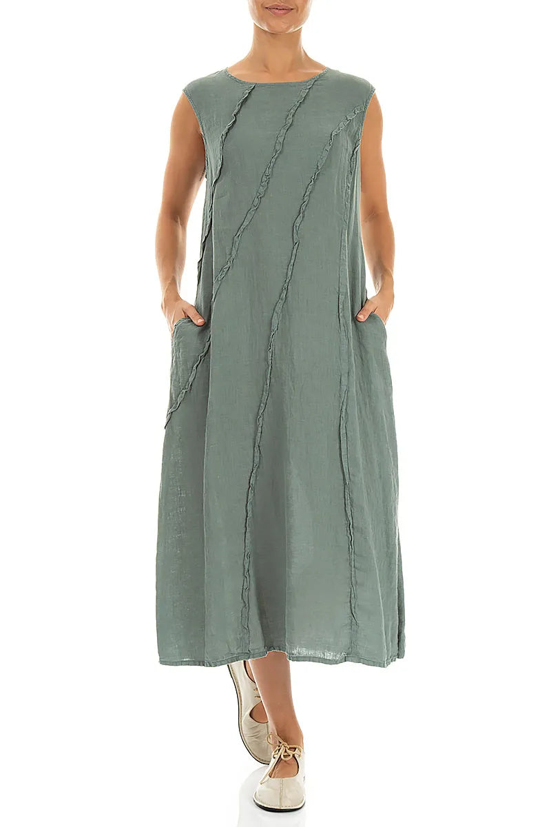 Geschwungenes Naht-Leinenkleid Salbeigrün